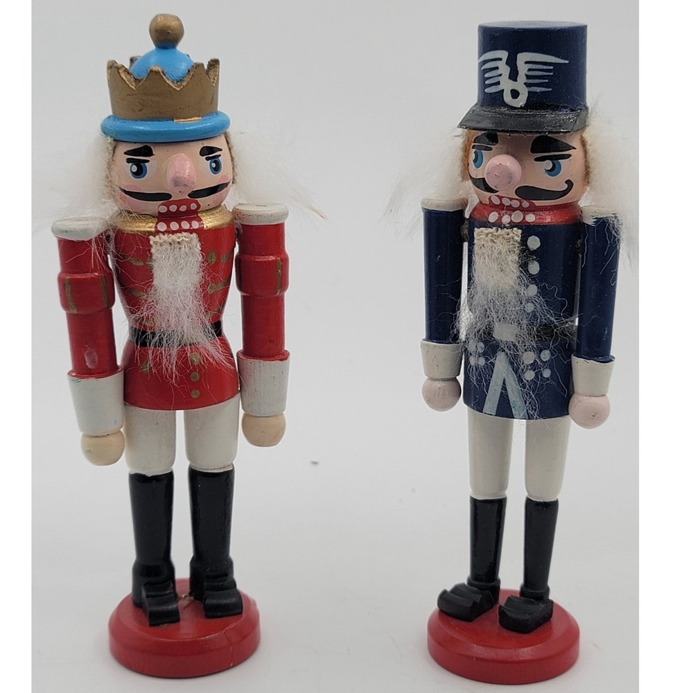 Vintage Wooden Nutcracker Set 2 Red King Blue Soldier Christmas Decor 5‎ Inch